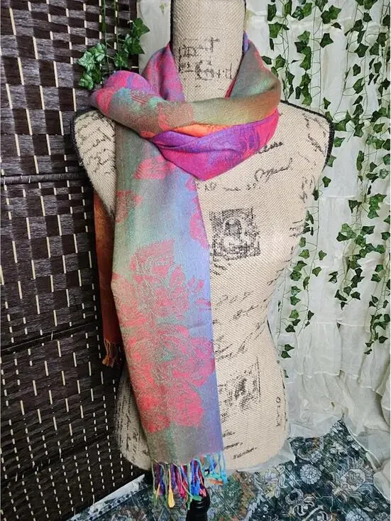 100% Pashmina Multicolor Scarf Shawl Boho Rave Festival Whimsigoth Wrap Fringe - Picture 2 of 3